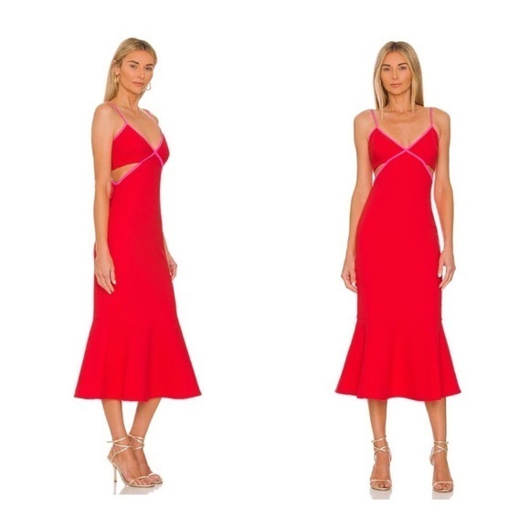 Likely Dress Adabell Midi Flare Cut Out In Bittersweet Red And Sugar Pink Trim
